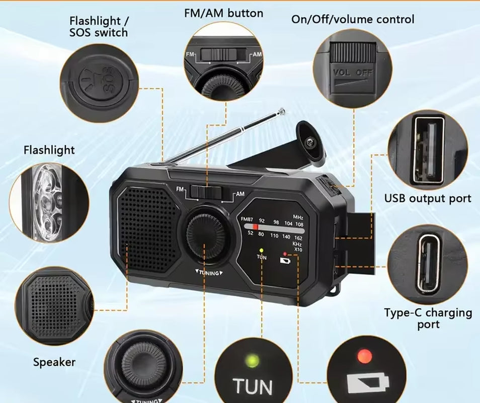 Compact Emergency AM/FM Hand Crank Radio with Solar Charging, LED Torch & Power Bank – 4-Way Charging Portable Survival Radio