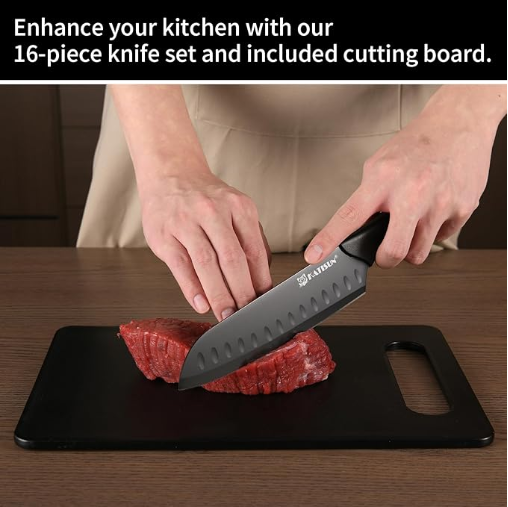 16-Piece Kitchen Knife Set - German Stainless Steel with Cutting Board & Steak Knives