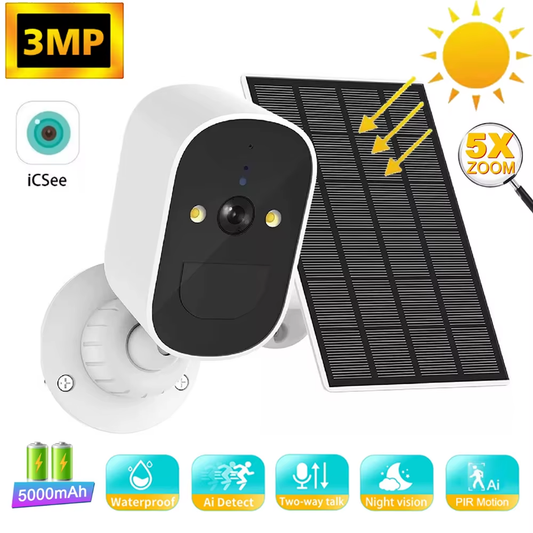 128GB Solar-Powered 3MP WiFi Security Camera – Outdoor Wireless CCTV with PIR Human Detection, Color Night Vision, Two-Way Audio & 360-Day Battery