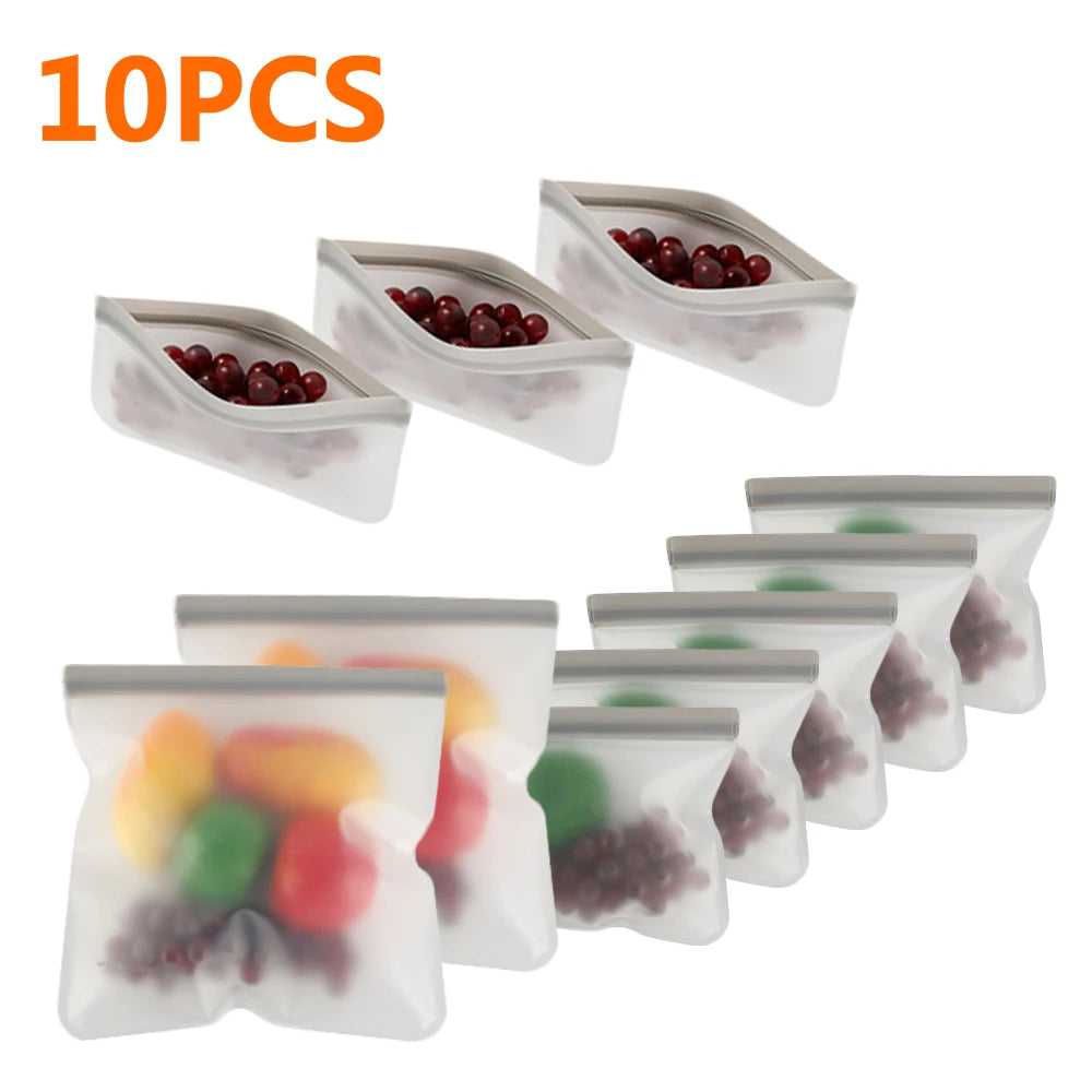 10-Piece Reusable PEVA Food Storage Bag Set – BPA-Free, Leakproof, Freezer Safe, Eco-Friendly Kitchen Organizer