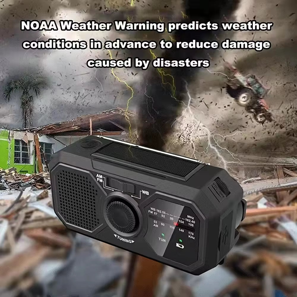 Compact Emergency AM/FM Hand Crank Radio with Solar Charging, LED Torch & Power Bank – 4-Way Charging Portable Survival Radio