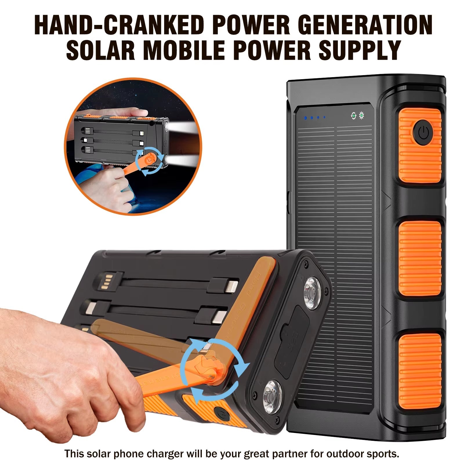 20,000mAh Solar Power Bank with Hand Crank & 15W Wireless Charging – 22.5W Fast Charging Portable Charger with LED Flashlight for Camping, Emergencies & Power Outages