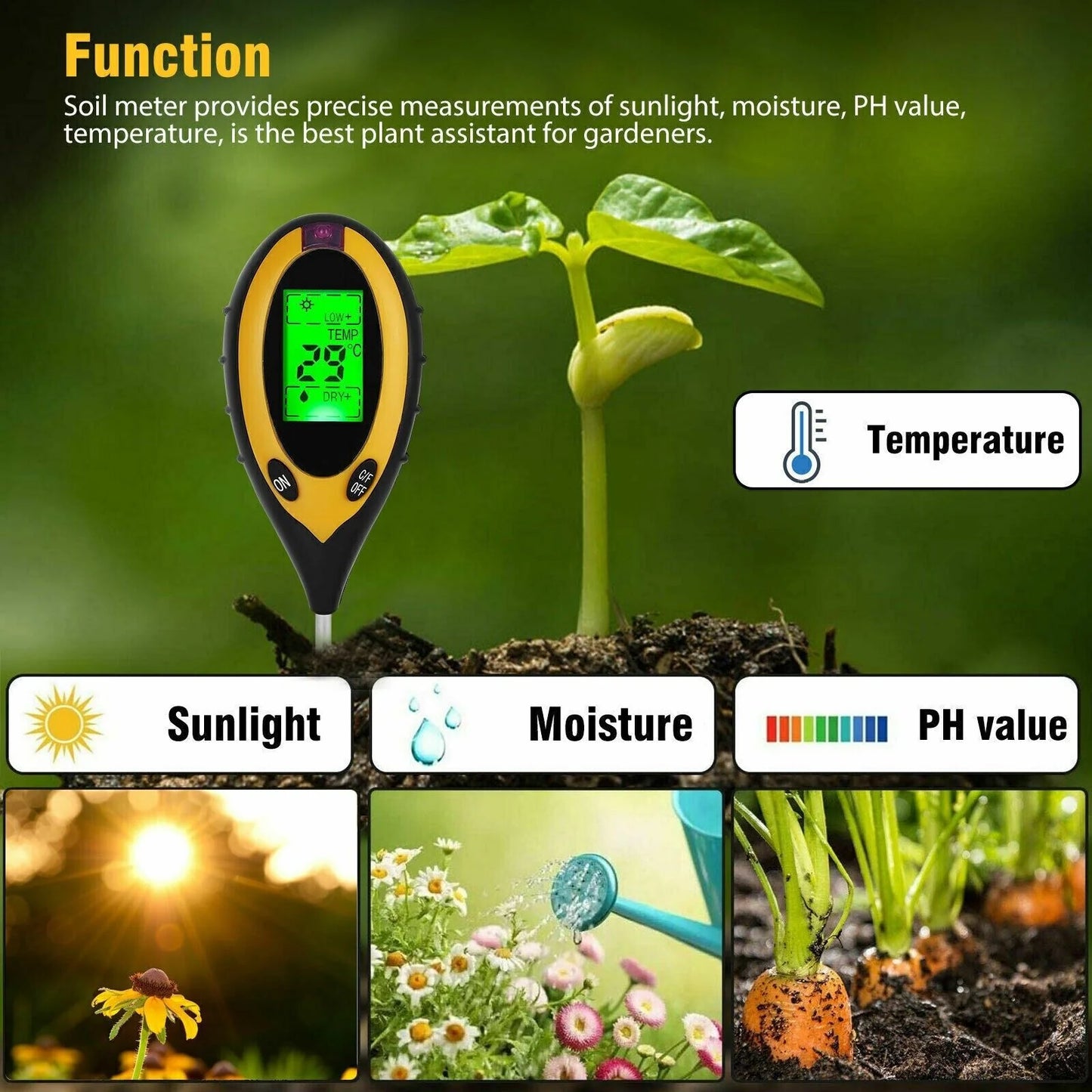 4-in-1 Digital Soil Meter - LCD pH, Moisture, Light & Temperature Tester