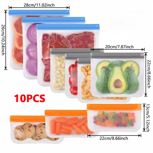 10-Piece Reusable PEVA Food Storage Bag Set – BPA-Free, Leakproof, Freezer Safe, Eco-Friendly Kitchen Organizer