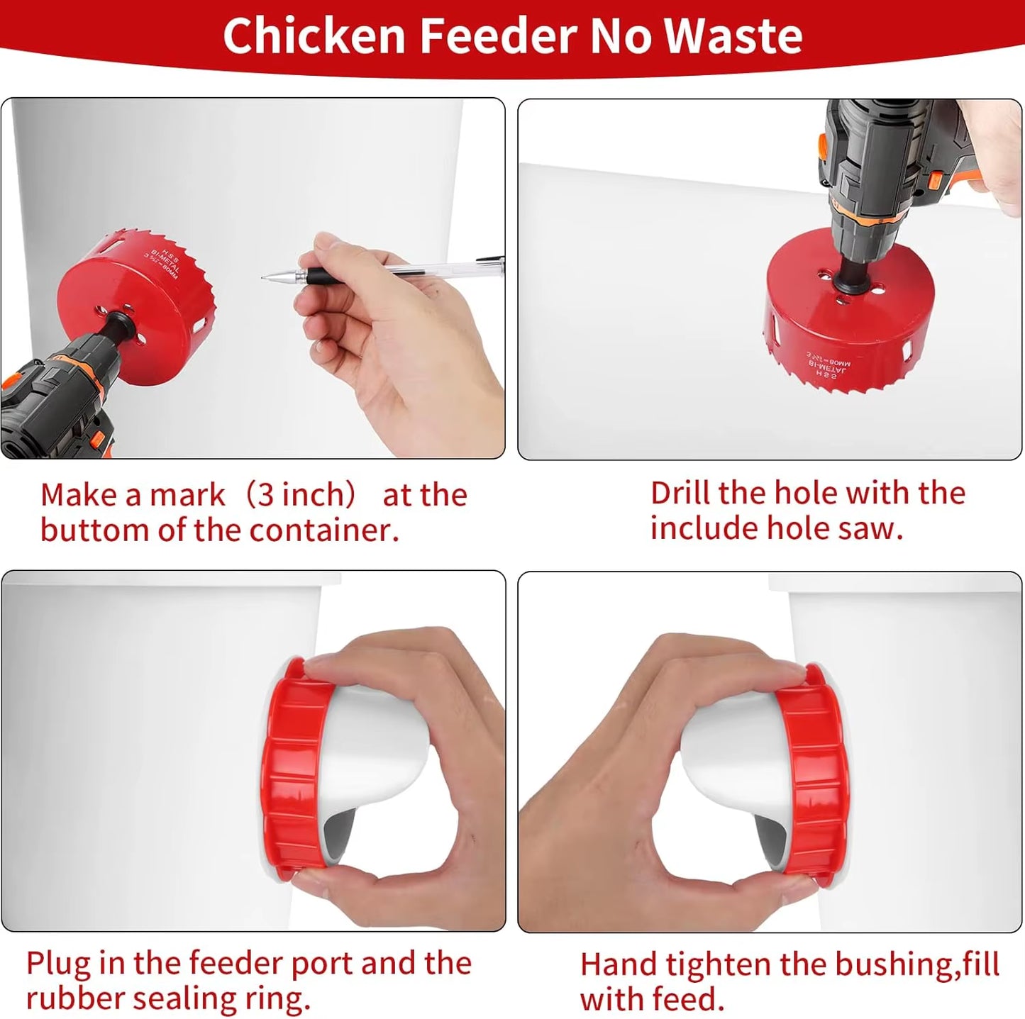 DIY No-Waste Chicken Feeder Port Kit – Gravity Bucket & Barrel Poultry Feeder Inserts – Weather & Rodent Resistant Feeding System