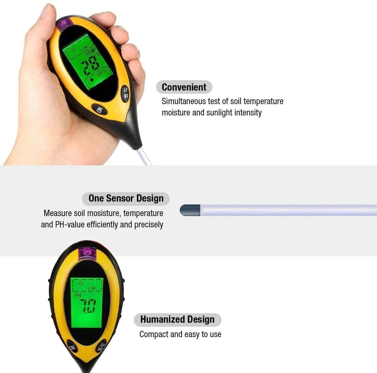 4-in-1 Digital Soil Meter - LCD pH, Moisture, Light & Temperature Tester