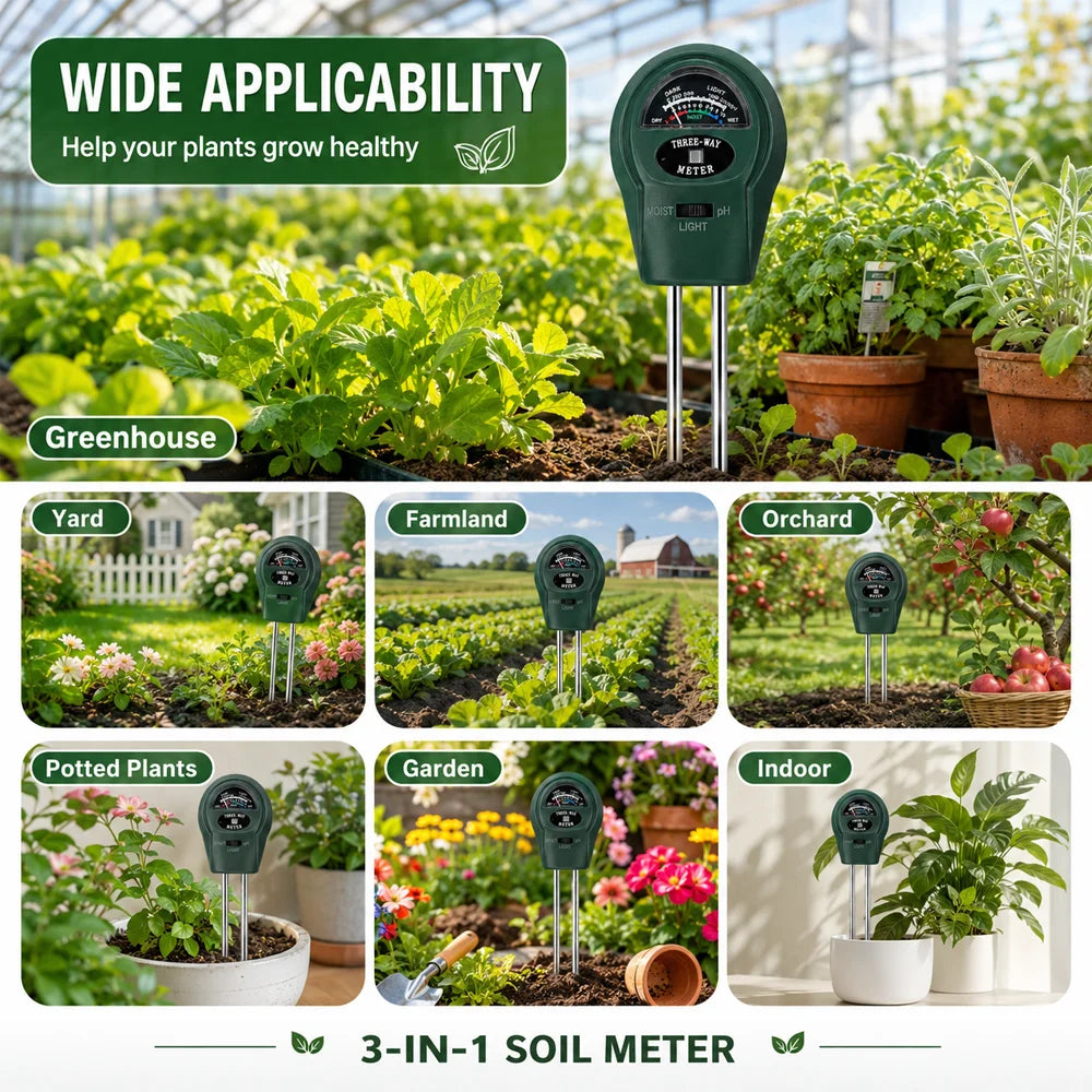 3-in-1 Soil Meter - Battery-Free pH, Moisture & Light Tester for Gardens
