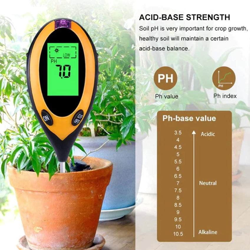 4-in-1 Digital Soil Meter - LCD pH, Moisture, Light & Temperature Tester