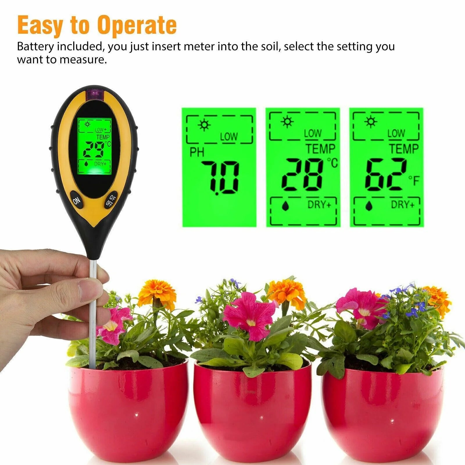 4-in-1 Digital Soil Meter - LCD pH, Moisture, Light & Temperature Tester