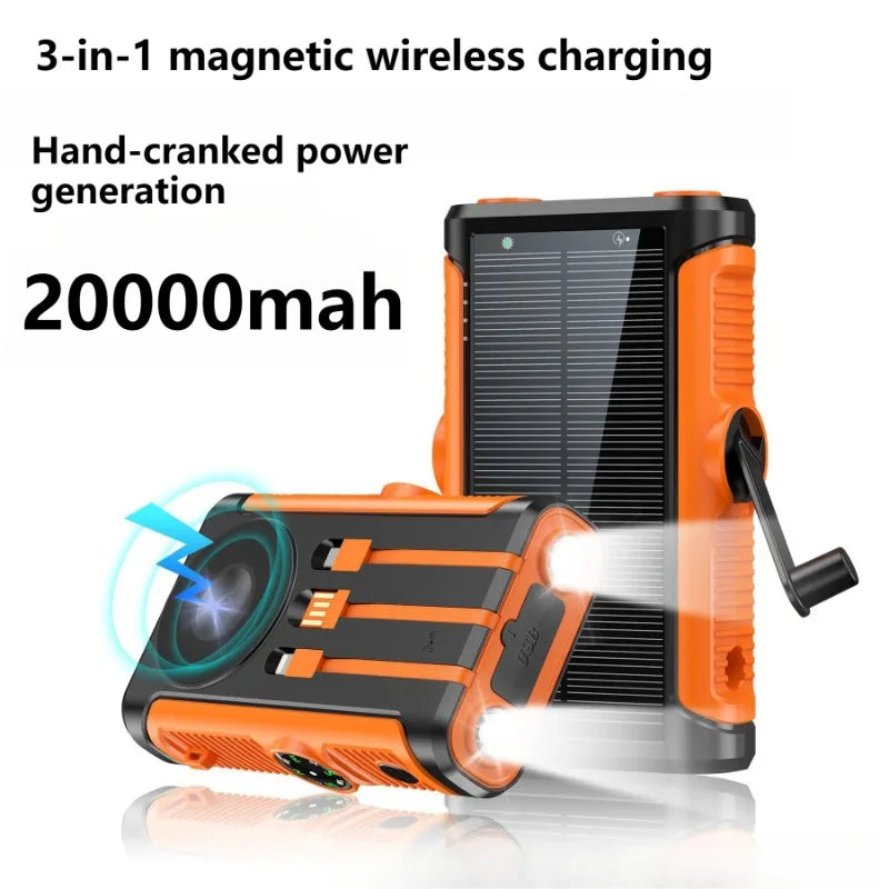 20,000mAh Solar Power Bank with Hand Crank & 15W Wireless Charging – 22.5W Fast Charging Portable Charger with LED Flashlight for Camping, Emergencies & Power Outages