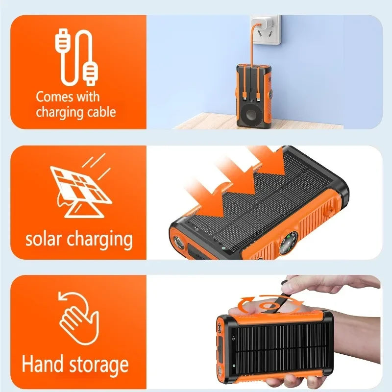 20,000mAh Solar Power Bank with Hand Crank & 15W Wireless Charging – 22.5W Fast Charging Portable Charger with LED Flashlight for Camping, Emergencies & Power Outages