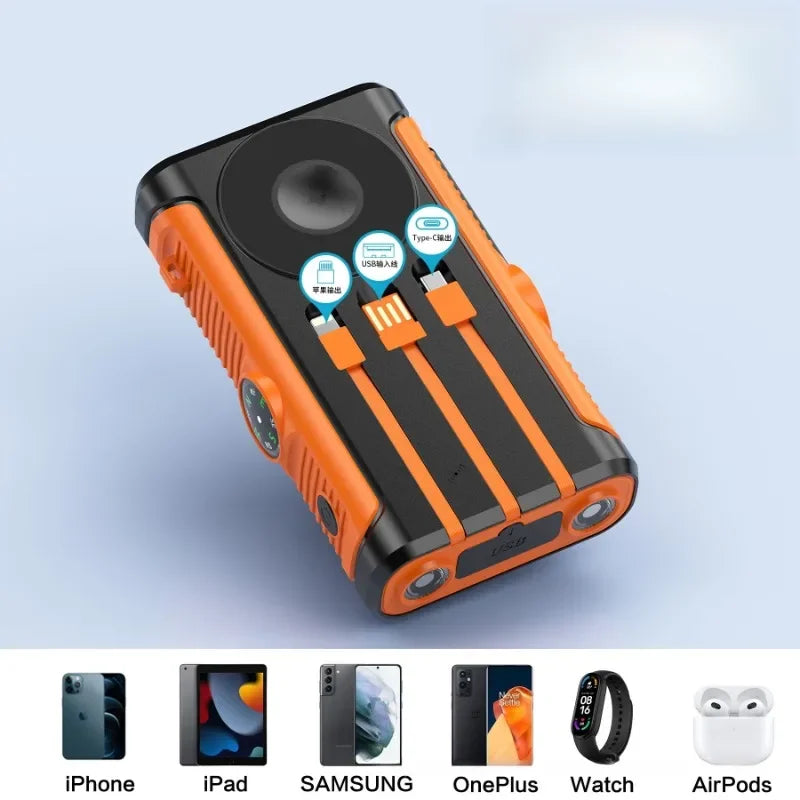 20,000mAh Solar Power Bank with Hand Crank & 15W Wireless Charging – 22.5W Fast Charging Portable Charger with LED Flashlight for Camping, Emergencies & Power Outages