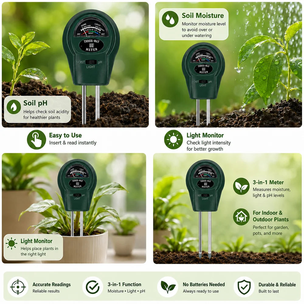 3-in-1 Soil Meter - Battery-Free pH, Moisture & Light Tester for Gardens