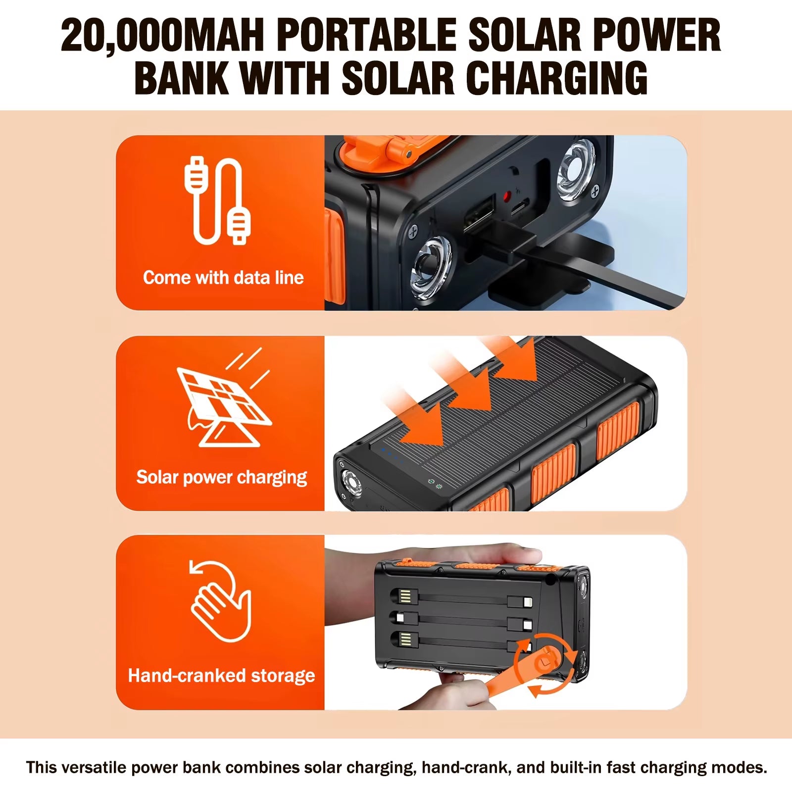 20,000mAh Solar Power Bank with Hand Crank Generator – 20W Fast Charging Portable Charger with Dual LED Flashlight & SOS Mode