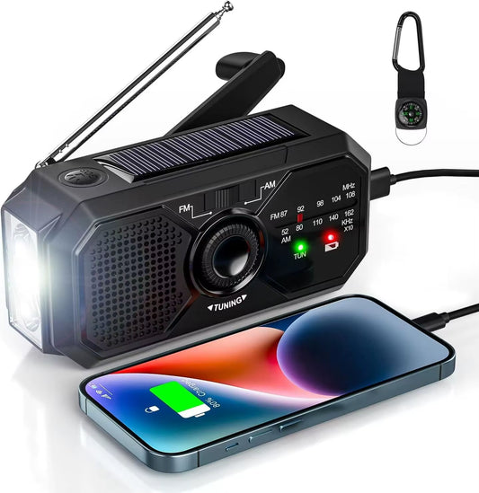 Compact Emergency AM/FM Hand Crank Radio with Solar Charging, LED Torch & Power Bank – 4-Way Charging Portable Survival Radio