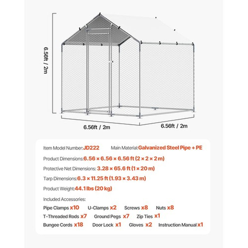6.5ft x 6.5ft Covered Walk-In Chicken Run – Heavy Duty Galvanized Steel Predator-Proof Poultry Enclosure