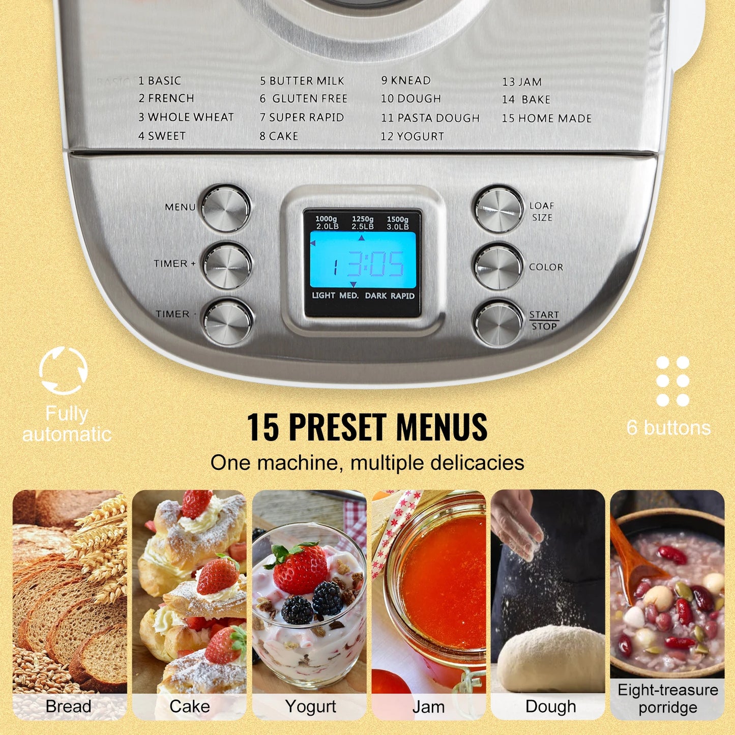 Bread Maker Machine - 15-in-1 Automatic Bread Machine for Homemade Loaves & Dough