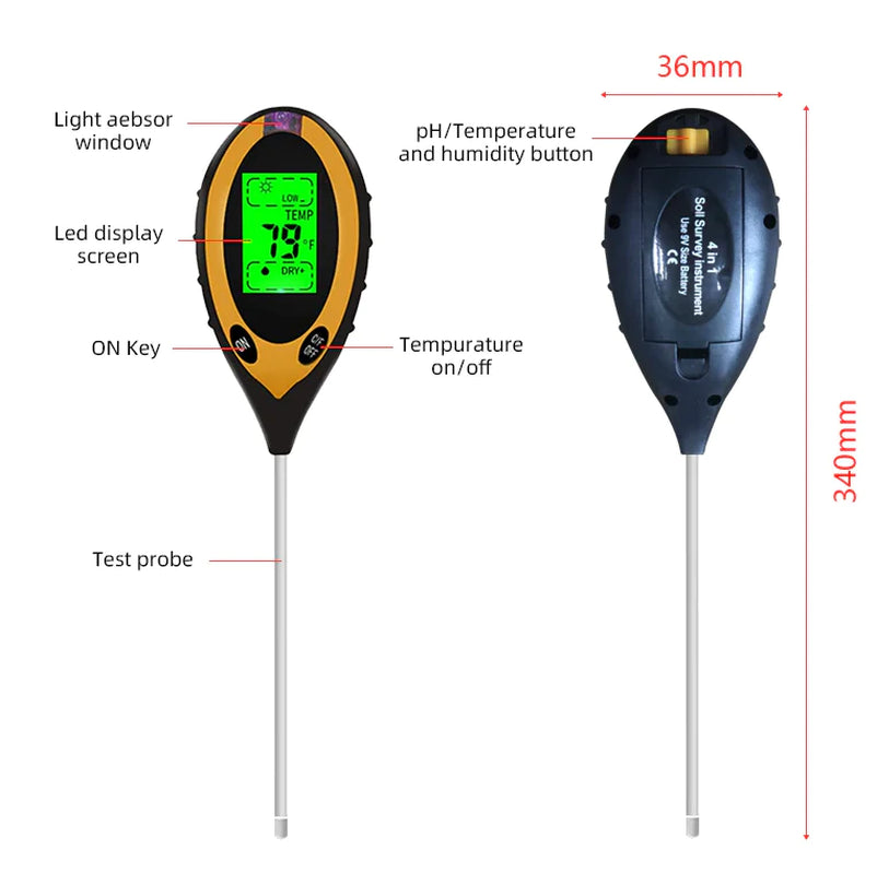 4-in-1 Digital Soil Meter - LCD pH, Moisture, Light & Temperature Tester