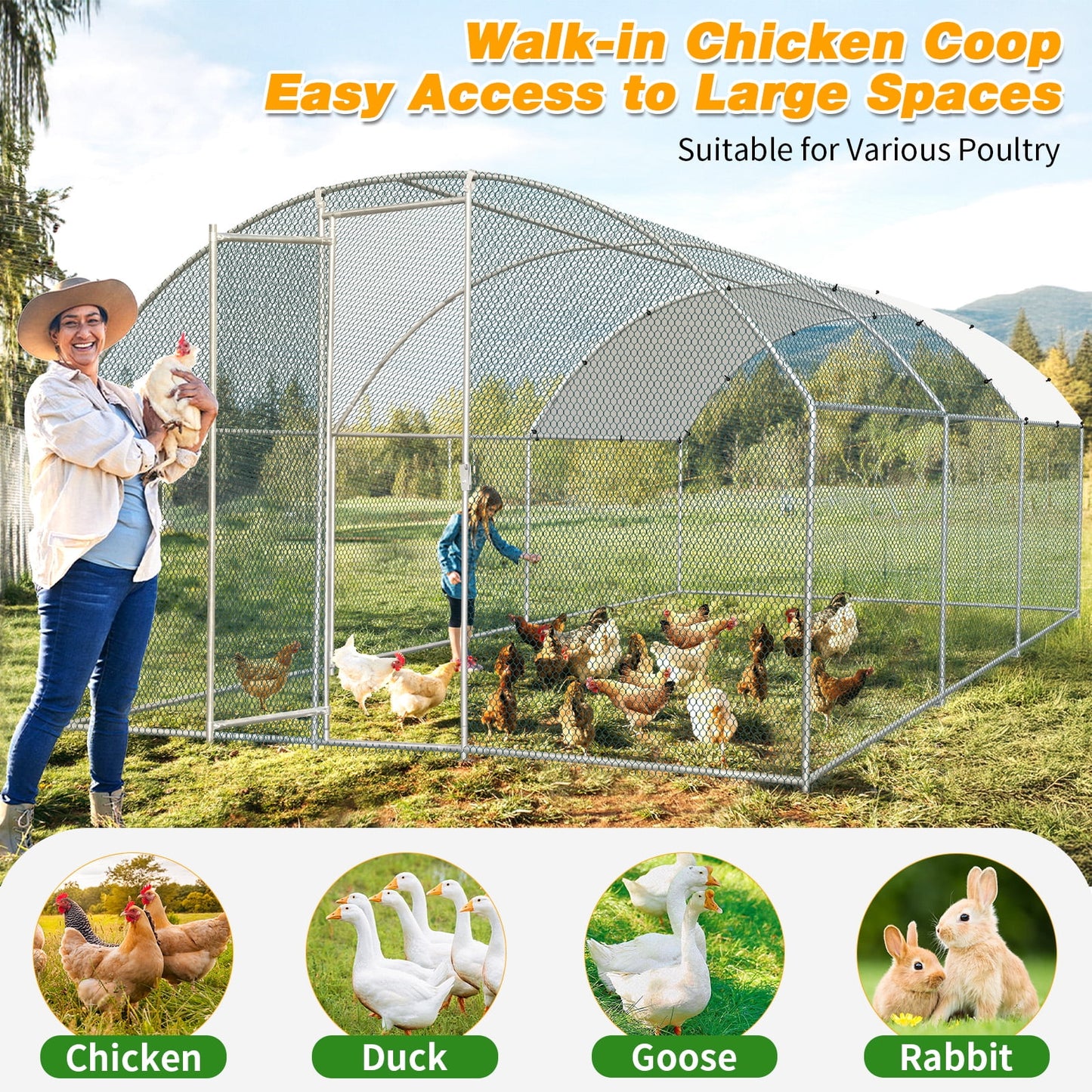20×10 Walk-In Metal Chicken Coop with Run & Waterproof Dome Roof  Heavy-Duty Outdoor Poultry Enclosure for Chickens, Ducks, Rabbits & More