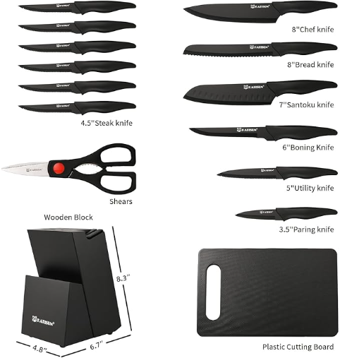 16-Piece Kitchen Knife Set - German Stainless Steel with Cutting Board & Steak Knives