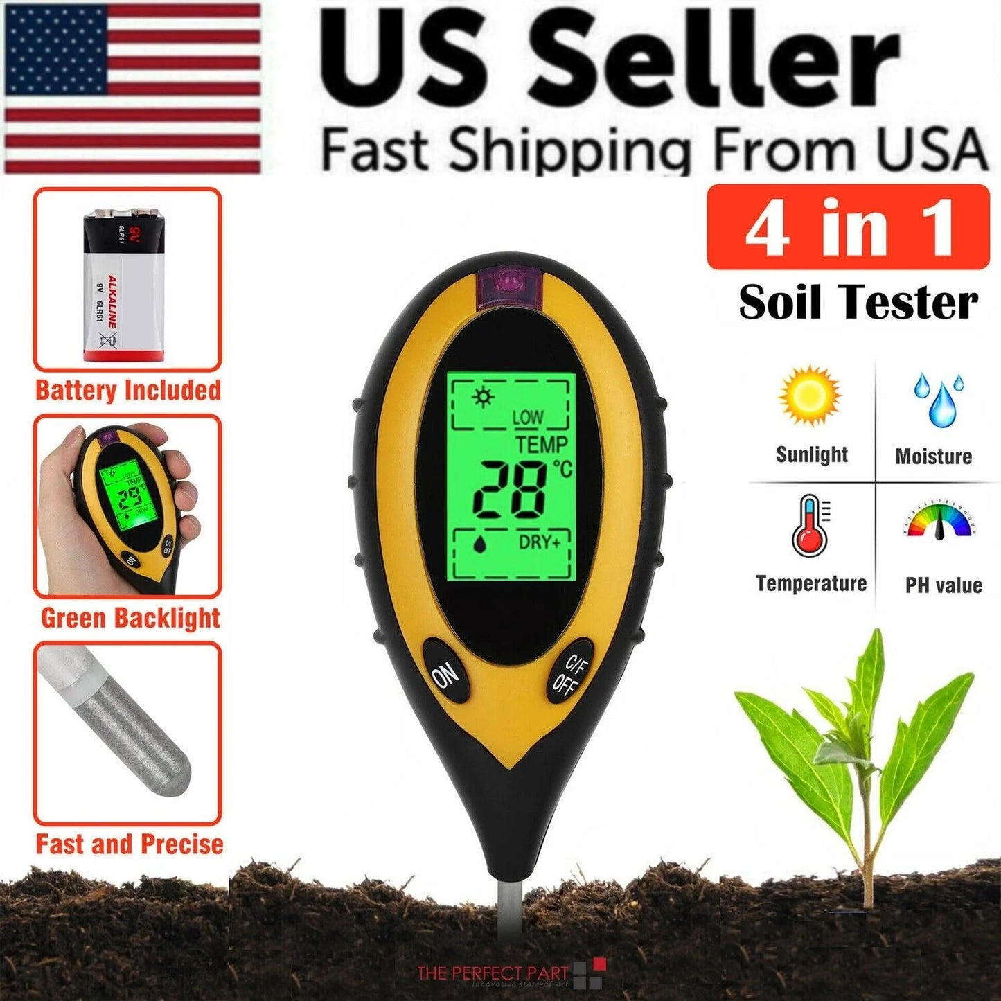 4-in-1 Digital Soil Meter - LCD pH, Moisture, Light & Temperature Tester
