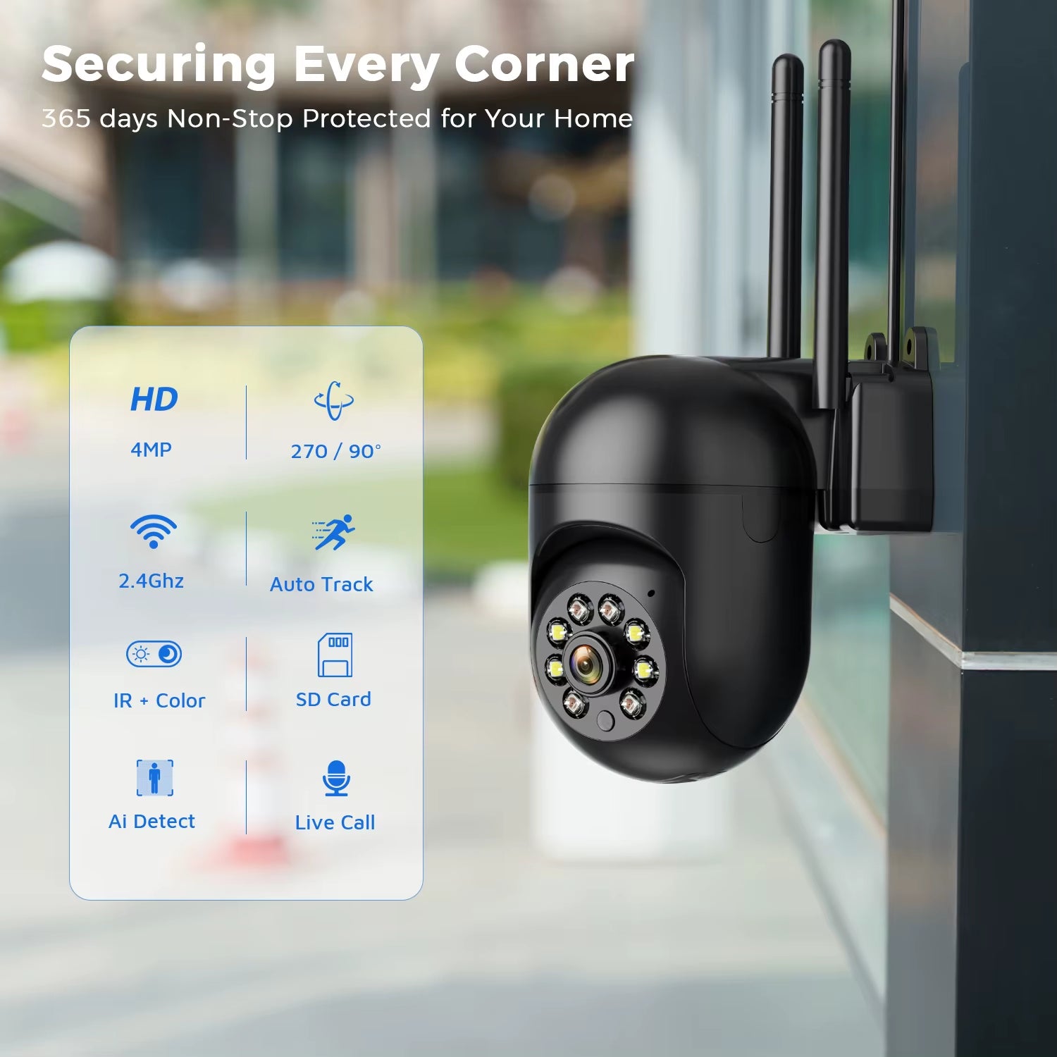 4MP Wireless PTZ Security Camera – Outdoor Wi-Fi Surveillance with Night Color, Human Tracking, Two-Way Audio & ICSee App