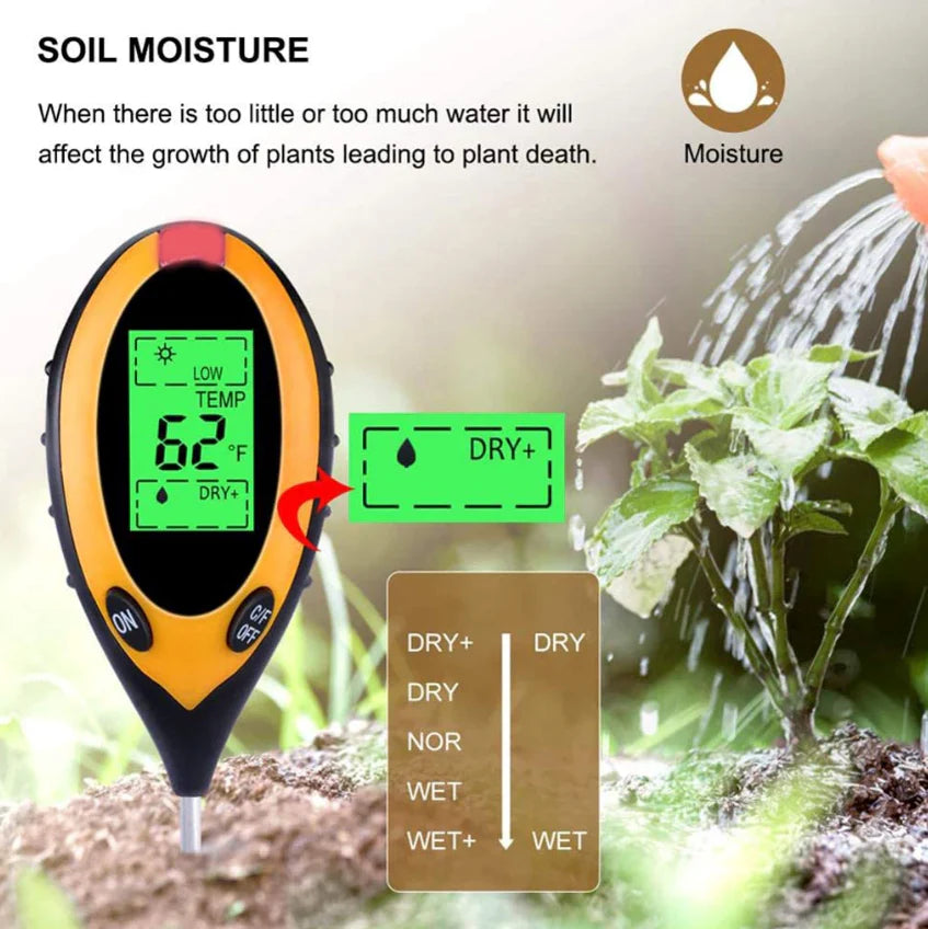 4-in-1 Digital Soil Meter - LCD pH, Moisture, Light & Temperature Tester