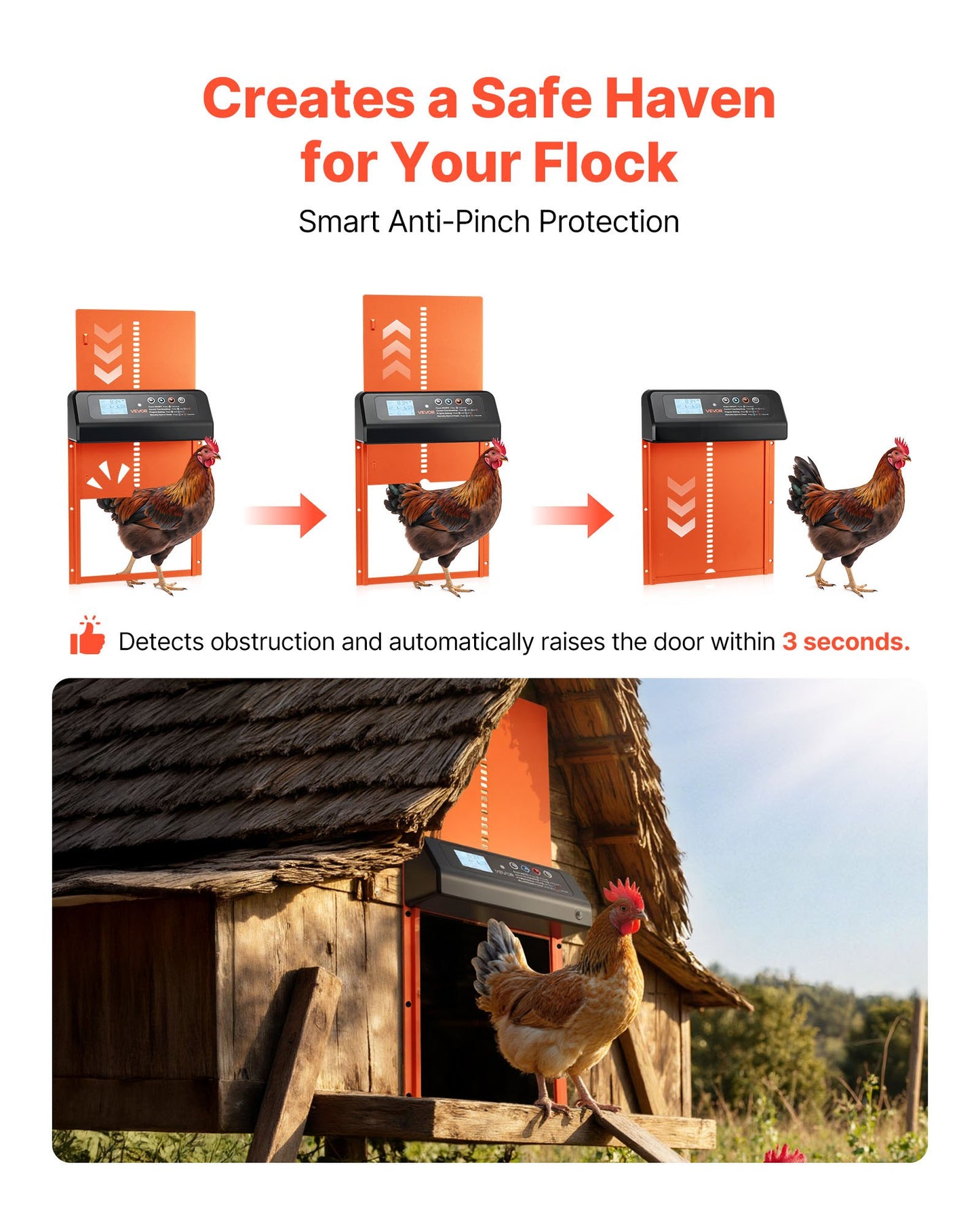 Solar Automatic Chicken Coop Door - LCD Timer, Remote Control, Light Sensor & Anti-Pinch Safety