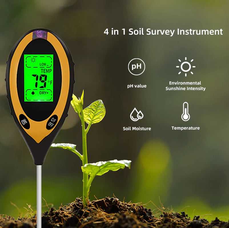 4-in-1 Digital Soil Meter - LCD pH, Moisture, Light & Temperature Tester