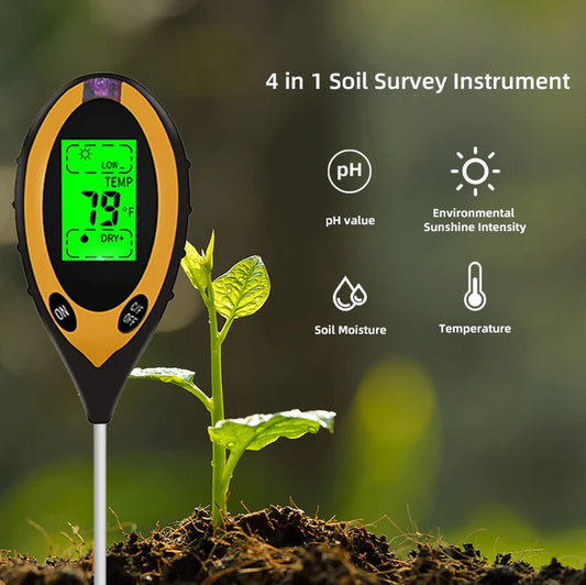 4-in-1 Digital Soil Meter - LCD pH, Moisture, Light & Temperature Tester