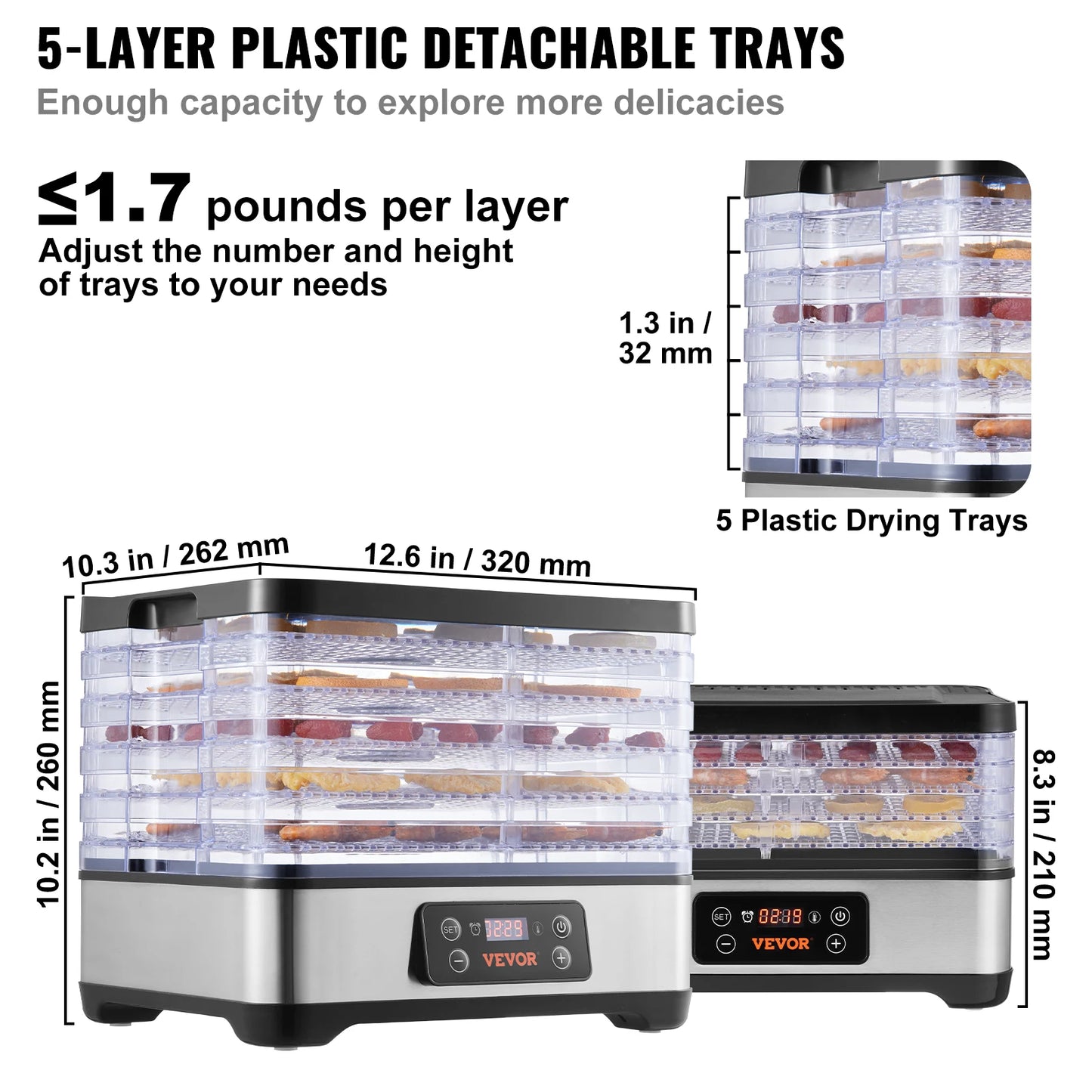 Food Dehydrator Machine - 5 Tray Stainless Steel Dryer for Homemade Jerky & Preserving Food