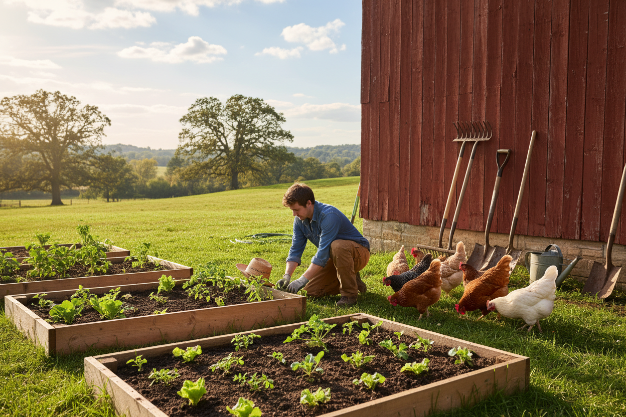 Garden beds

Chickens in yard

Farm tools leaning against barn

Person working soil / planting